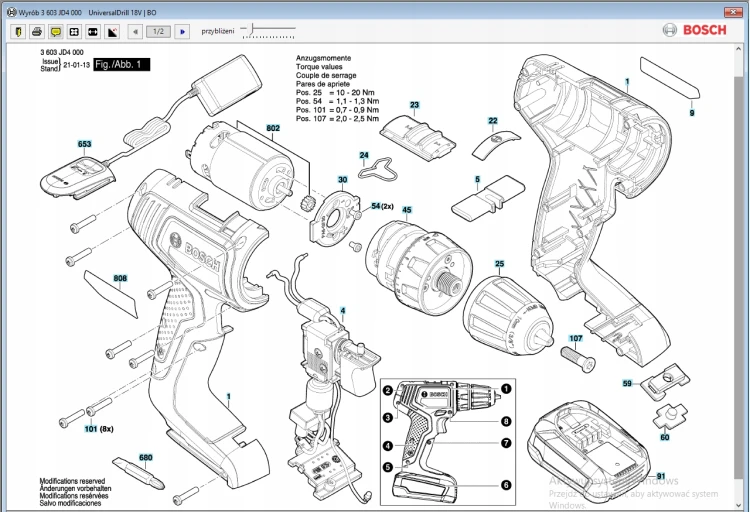 1600A0235V Przekładnia akumulatorowego wkrętaka Bosch UniversalDrill 18V