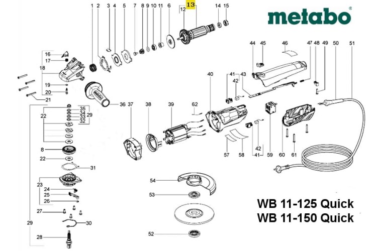 Części zamienne szlifierki kątowej Metabo WB 11-125 , WB 11-150 Quick